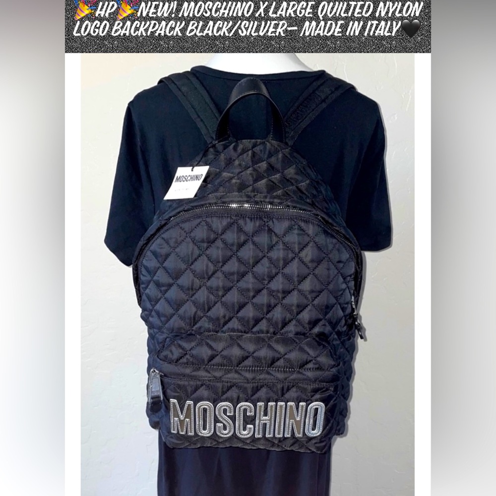 🎉HP🎉New! Moschino XLarge Quilted Nylon Logo Backpack Black/Silver Made Italy🖤